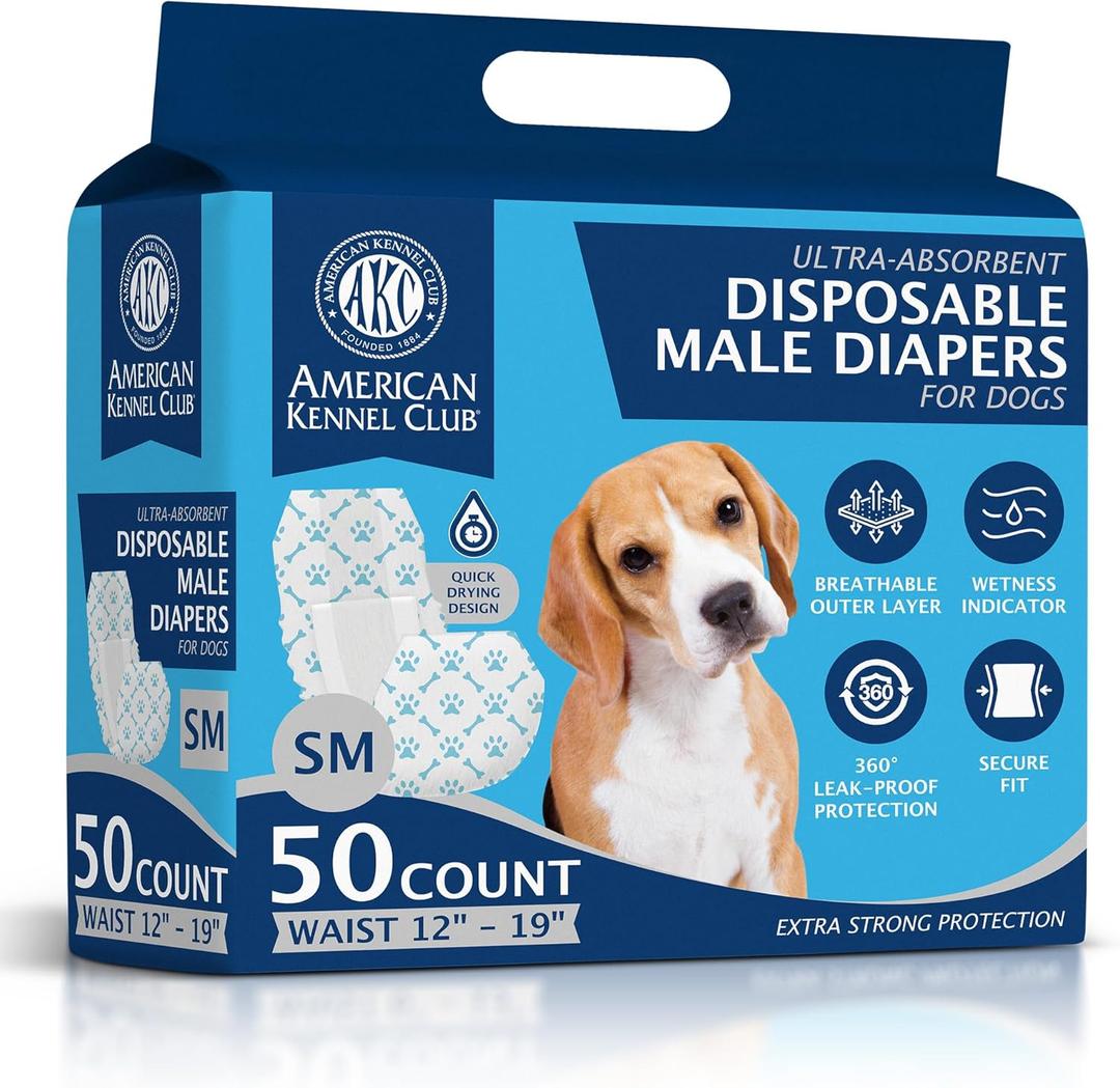 American Kennel Club Male Dog Wrap, Disposable Diapers with Wetness Indicator, Small, 50 Count