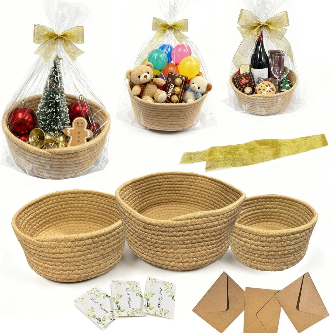 QYLZ 3 Pack Small Woven Gift Basket with Bags, Empty Three sizes Durable Baskets with Ribbons, Envelopes and Cards, for Birthday Baby Shower Raffle Burr Fundraiser, Cotton Rope Room Shelf Storage