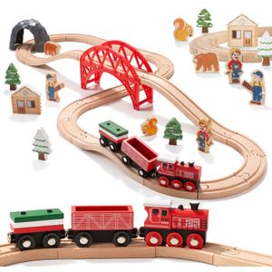 Giant bean 36PCS Forest Wooden Train Set Toy for Toddler Kids, Expandable Changeable Wooden Train Track for Boys & Girls 3-7, Christmas Birthday Gift, fits for Brio,Thomas, Melissa and Doug