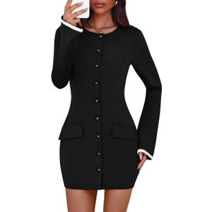 Lazysmile Women's Casual Dresses Long Sleeve Boat Neck Button Down Bodycon Mini Fall Party Club Cocktail Dresses for Women (Medium, Black)