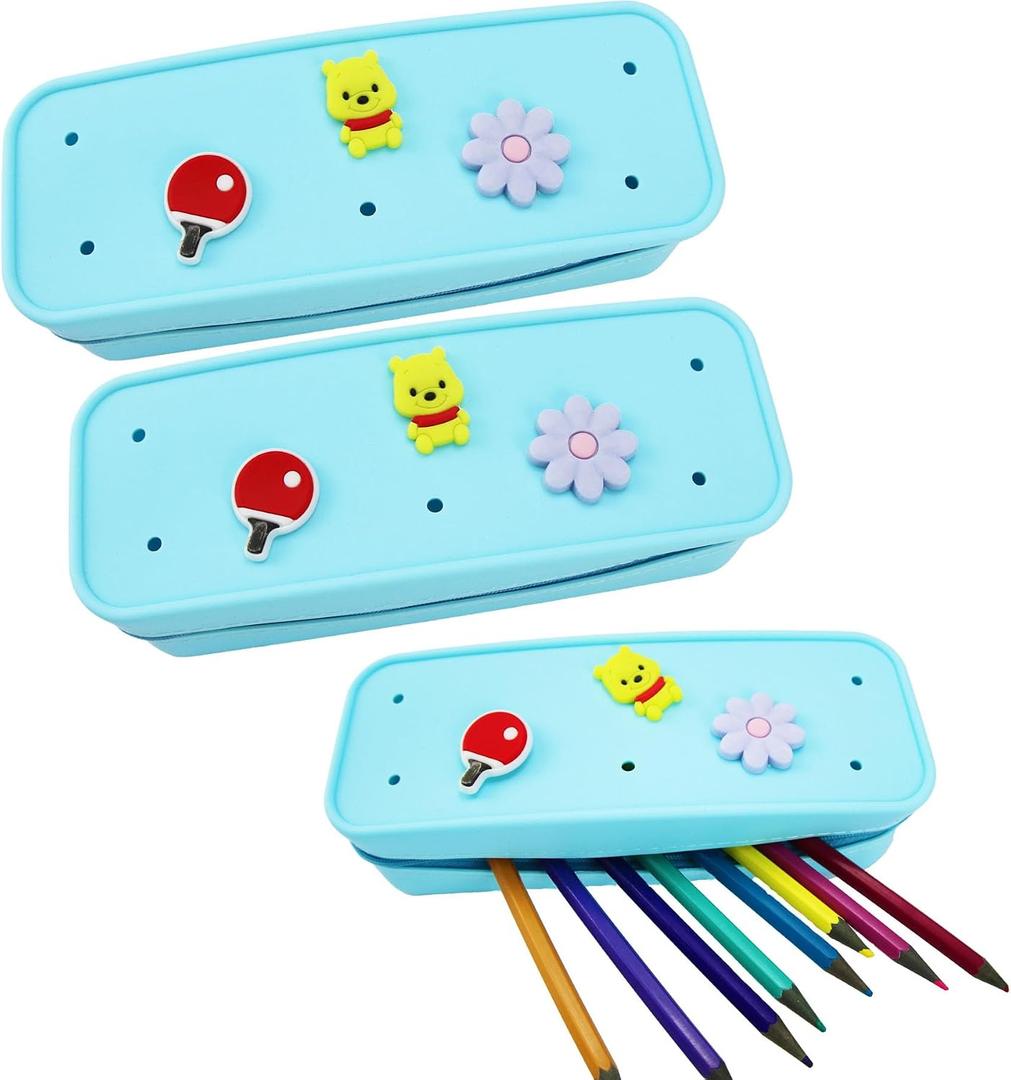 Cute Silicone Pencil Pouch Pencil Case with DIY Holes and 3 Decoratives(Random) Travel Makeup Brush Bag suitable for travel home 7.48inch (Blue,2 Packs)