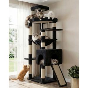 Heybly Heavy Duty Cat Tree, 64.2-Inch Tall Tower for Large Indoor Cats with Widened Structure, Cat Furniture with Big Platforms, Extra-Large Hammock, Sisal Scratching Posts & Board, Smoky Gray HCT027G