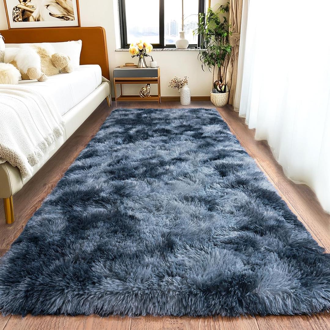 Fluffy Runner Rugs for Bedroom 2x6, Modern Shaggy Area Rug for Hallway Living Room, Plush Soft Fuzzy Bedside Carpet for Kids Girls Boys Room Nursery Decor, Blue Grey