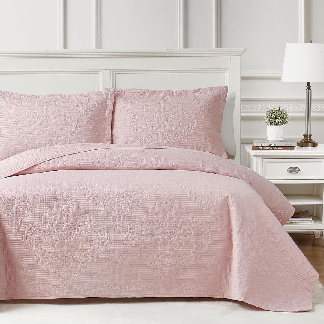 Hansleep Pink Quilt Queen Size - Damask Ultrasonic Summer Bedspread Queen, Soft Lightweight Coverlet Bedding Set, 3 Pieces (1 Quilt, 2 Pillow Shams) (Full/Queen-90"x96")