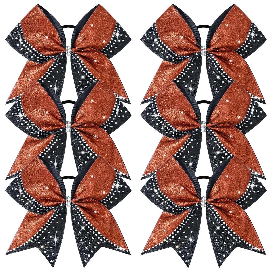 6PCS Glitter Cheer Bow Large Cheer Bows Rhinestones Hair Bows Girls 8"Cheerleading Bows Bulk Elastic Band Ponytail Holder for Teen Girls College Sports Competition Red Black