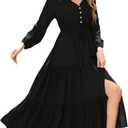 R.Vivimos Maxi Dress for Women Long Sleeve V Neck Drawstring Button Up Casual Split Flowy Dress (Medium, Black)
