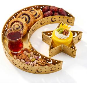 2 Pcs Eid Mubarak Moon Star Dinner Plate Tray Ramadan Serving Tray Muslim Islamic Dessert Trays Pastry Tableware Dessert Food Storage Container Display Holder for Party, Gold