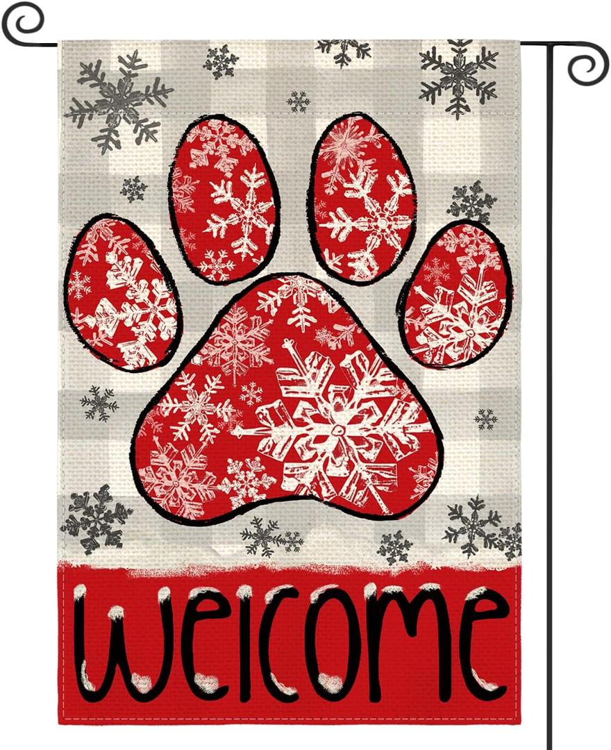 AVOIN colorlife Snowflake Paw Print Christmas Garden Flag 12x18 Inch Double Sided Outside, Buffalo Plaid Welcome Winter Yard Outdoor Decorative Flag (Red/Grey)