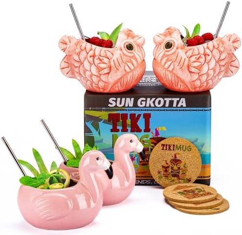 SUN GKOTTA Tiki Mugs for Cocktail and Juice Set Of 4,Cute Ceramic tiki Cup Gift-Set，Animal-Shape Cocktail Glasses For Hawaiian Party，Mai Tai, Luaus, pool party，and Tiki Bars.