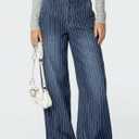 Women's Mid Rise Striped Baggy Barrel Jeans Wide Leg No Stretch Denim Pants, Size XSS (Blue)