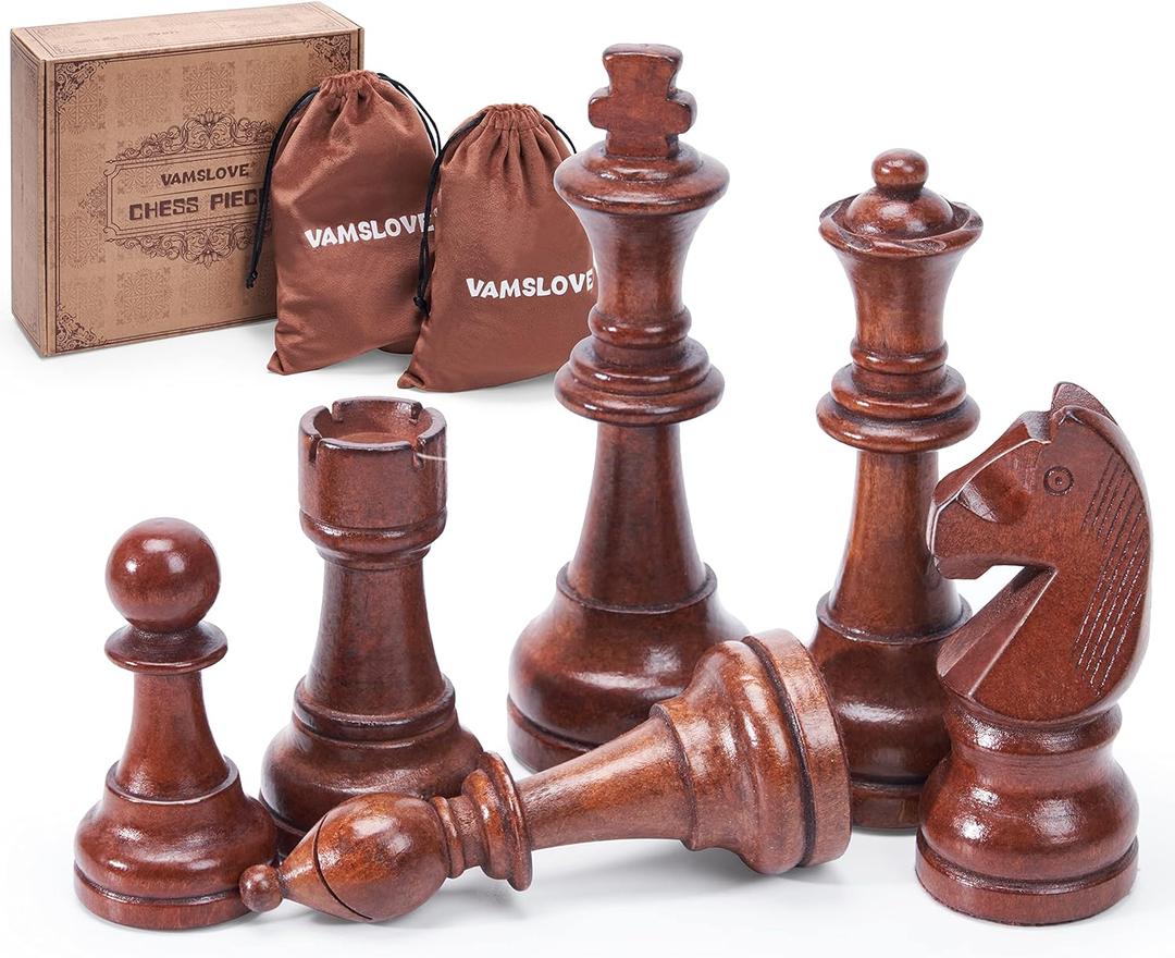 Vamslove Wooden Chess Pieces Large 4.5'' King Set of 32 Luxury Staunton Wood Chessmen for Chess Game Board (Chess Pieces Only), Velvet Storage Bags Included