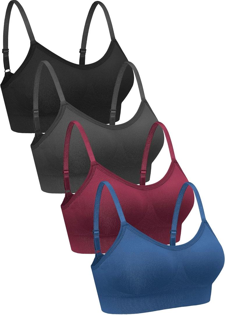 Geyoga 4 Pieces Neck Bralettes Wireless Cami Bra Tank Top Sports Bra for Women Girls (Large, Black, Dark Grey, Dark Red, Blue)