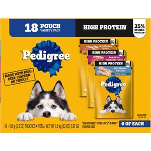 Pedigree High Protein Wet Dog Food Pouches, Variety Pack, 3.5 oz, 18 Count | 35% more protein than Choice Cuts In Gravy, real beef, chicken or turkey, 100% complete & balanced, mix with kibble or alone (EXP 09/01/26)