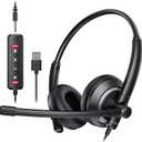 Computer USB Headset with Microphone for PC - Headphones with Noise Cancelling Microphone On Ear Wired Headset Mic Mute for WFH Call Center Office Online Class Skype Zoom (Black)