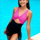 Funnycokid Girls One Piece Swimsuit Color Block Teen Bathing Suit with Pad Cover Up Skirt(7-16Y)