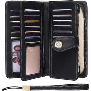 FALAN MULE Women Genuine Leather Wallet Large Capacity Bifold RFID Blocking Card Holder with Zipper Coin Pocket (AA-Black)