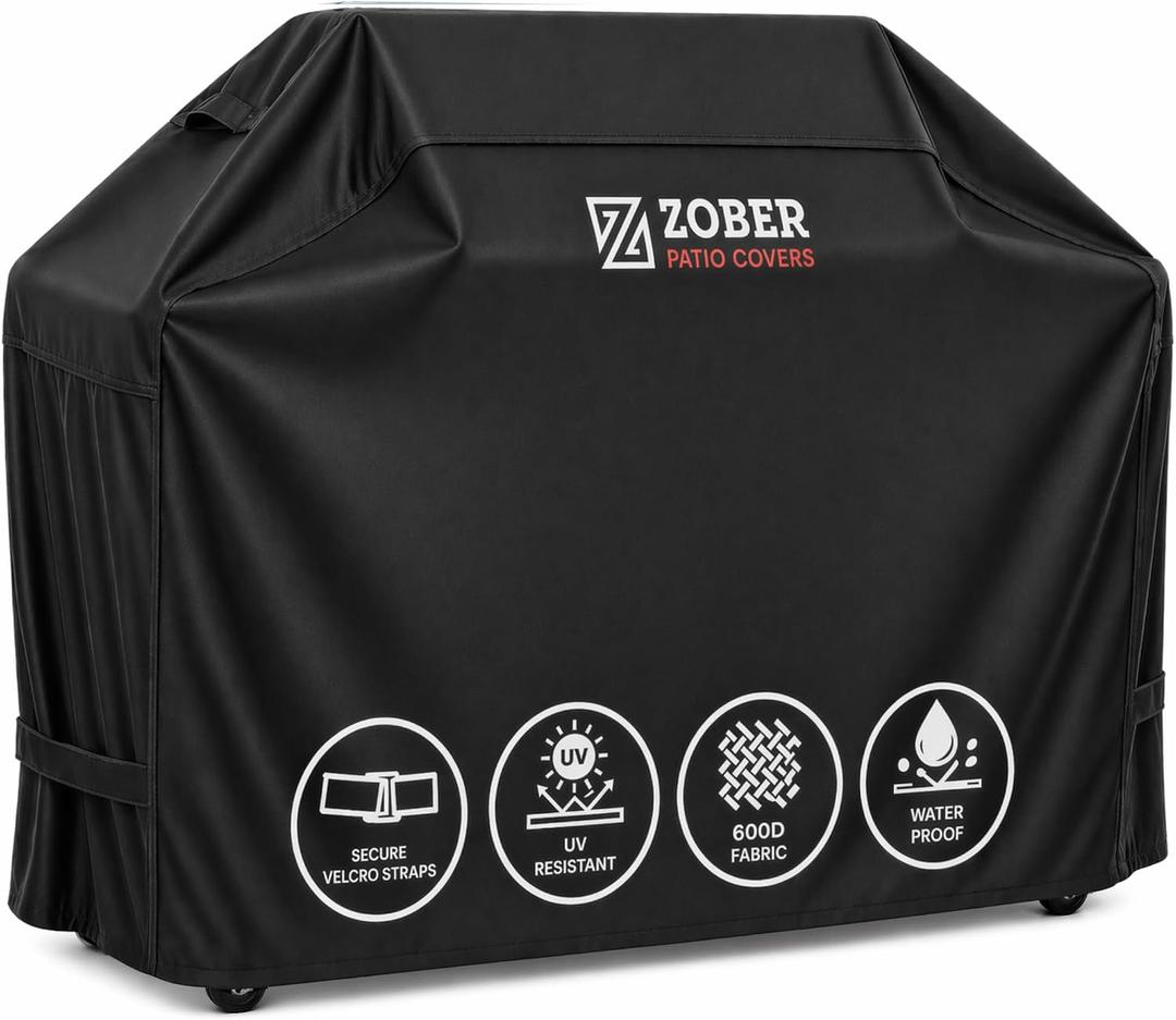 ZOBER Heavy Duty BBQ Grill Cover - 58 Inch Waterproof Double Layered Fits Weber Gas Grill Cover Charbroil Grill & Smoker - Gas Grill Covers w/Air Vents, Dual Handles - 600D Oxford Fabric, Black