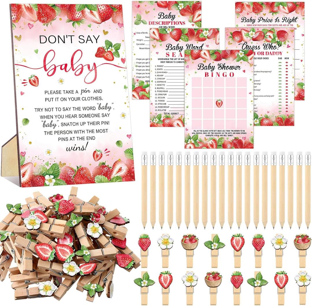 Patelai 321 Pcs Strawberry Baby Shower Game Supplies for Girl 5 Set Include 50 Activity Cards 20 Pencils 1 Don't Say Baby Sign 50 Clothespins for Price Is Right Prediction Bingo Game Party Decor