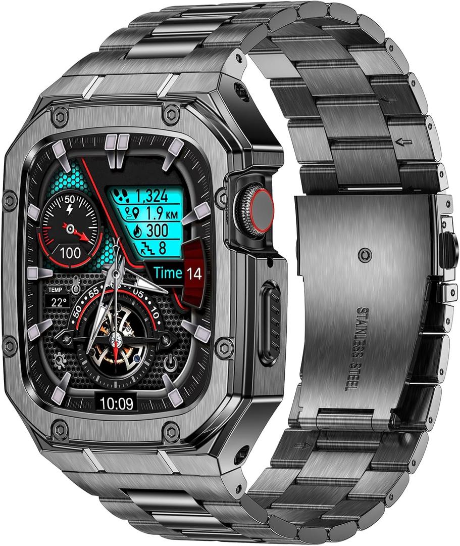Stainless Steel Watch Band with Case Compatible with Apple Watch Series 10 46mm, Rugged Strap with Metal Protective Bumper Cover for iWatch Bands Men (Grey)
