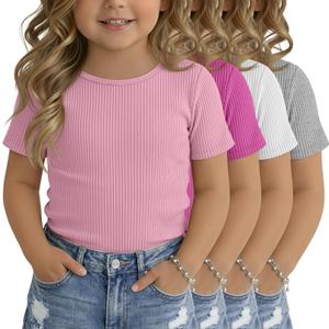 Oakgarden 4 Pack Toddler Girls' Ribbed Short Sleeve Shirts Baby Girl Cotton Crew Neck Basic Tops Casual Knit Summer Tees, Size 2T