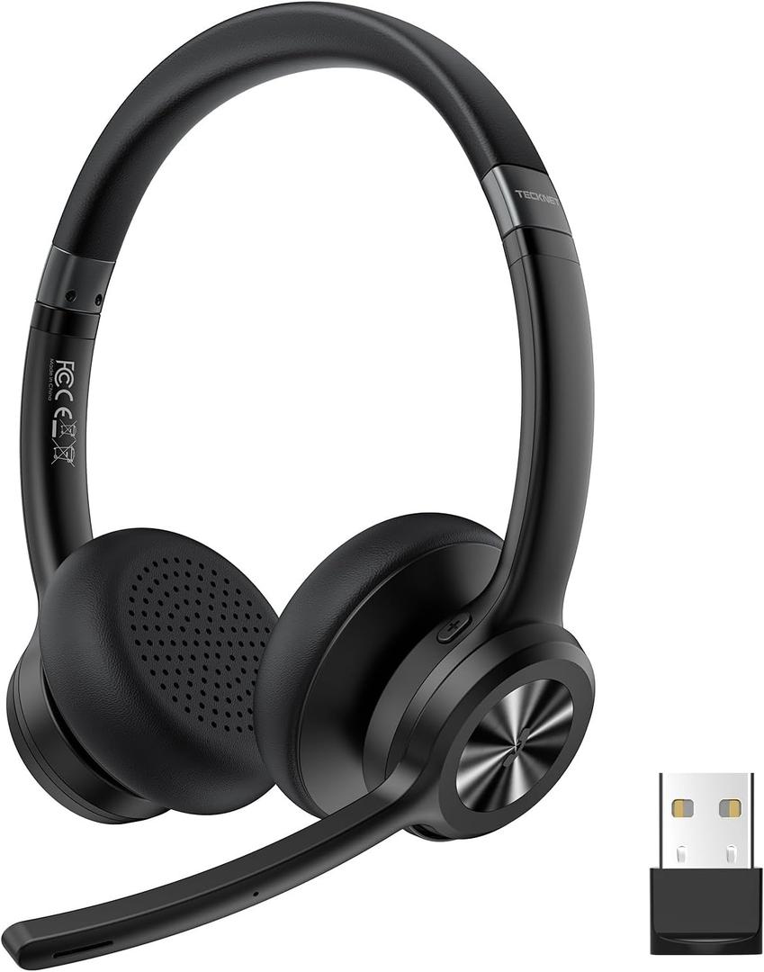 TECKNET Wireless Headset with USB Dongle, Bluetooth Headset with Noise Cancelling Mic - Rechargeable Bluetooth V5.2, 50H Playtime & Mic Mute, On Ear Headphones for Trucker/Remote Work/Call Center