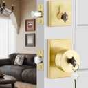 Haidms Gold Door Knob with Deadbolt, Heavy Duty Brushed Gold Exterior Door Lock Set, Zinc-Alloy Brushed Brass Front Door Knob and Deadbolt Set(1 Pack)