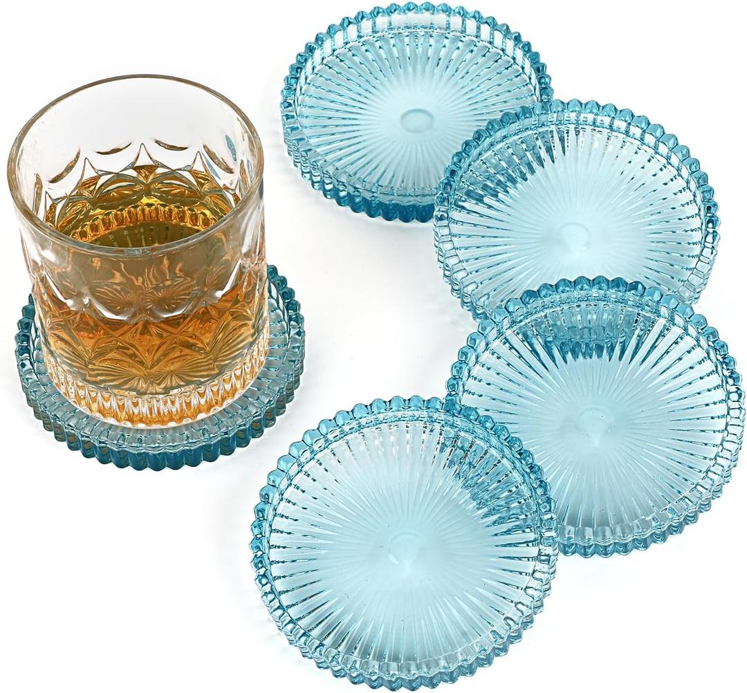OGANAZI Modern Clear Coaster Set of 5- Glass Coasters for Drinks Crystal Coasters Round Cup Mat Coffee Table Decor for Office, Kitchen, Bar, Dining Room, Living Room, Patio(Clear Blue)