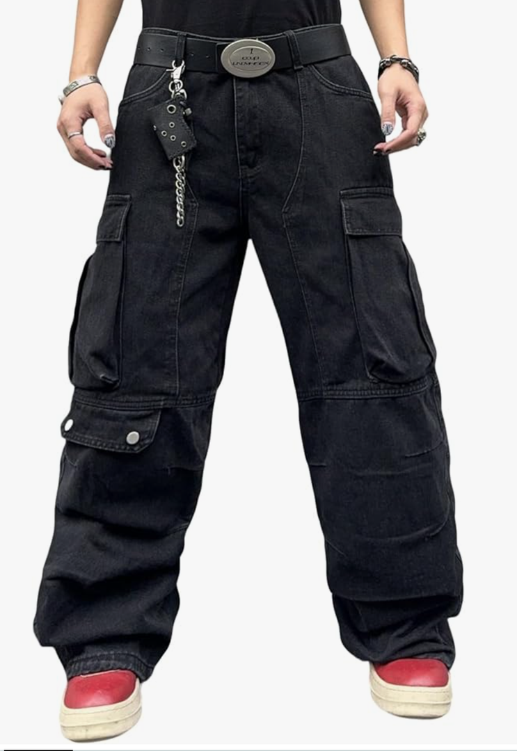 Mens Goth Baggy Cargo Jeans with Pockets Steampunk Patchwork Embroidery Wide Leg Denim Pants - Size Large