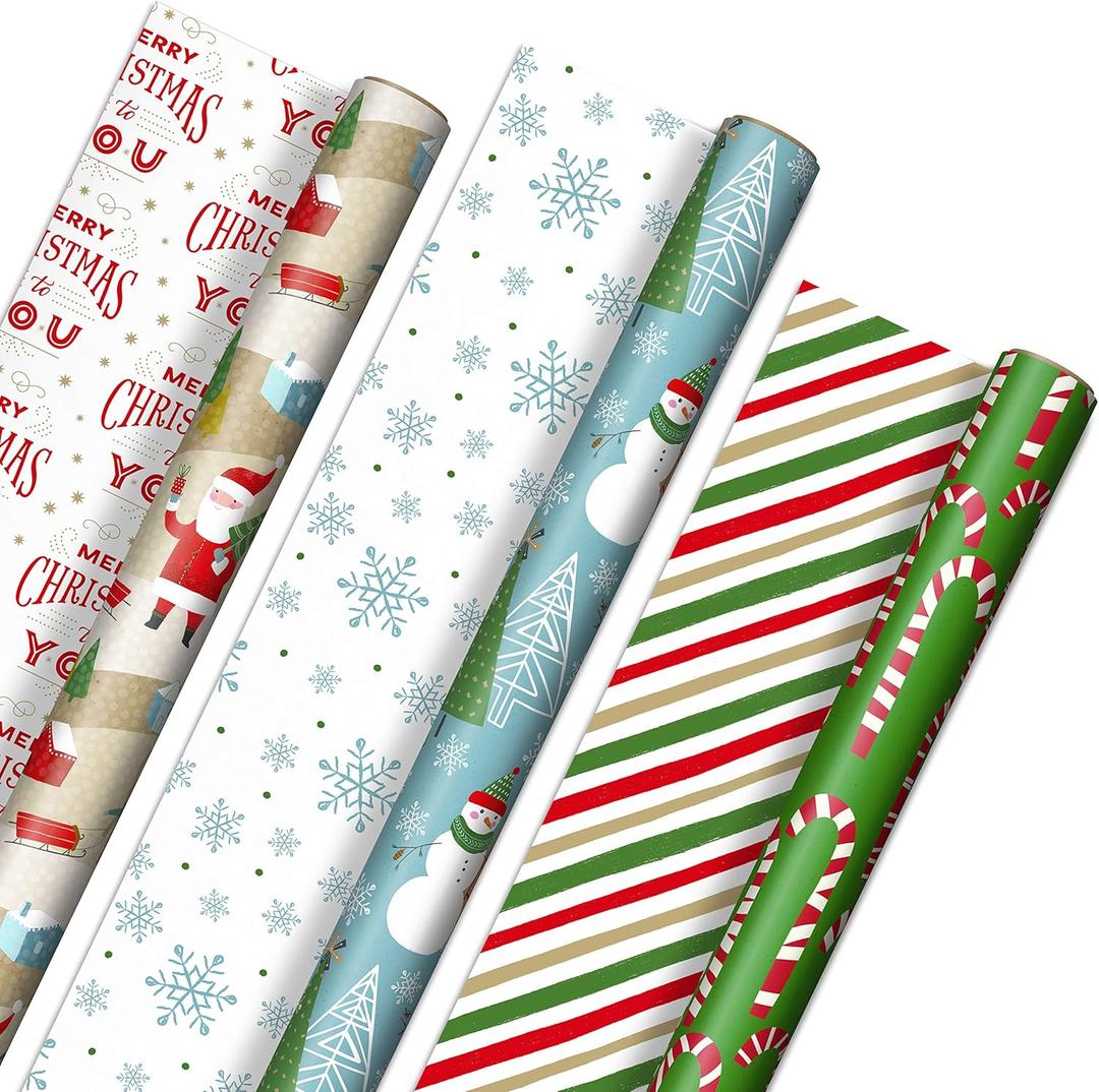Hallmark Reversible Christmas Wrapping Paper (3 Rolls: 120 sq. ft. ttl) Rustic Santa, Papercraft Snowmen, Candy Canes, Stripes, Snowflakes, "Merry Christmas to You"