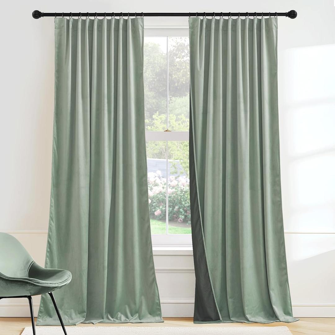 RYB HOME Mint Green Velvet Curtains 102 inches Long, Room Darkening, Floor-Length, Stylish Velvet Drapes with Hook Belt for Nursery Living Room Office, 52" W x L102 L, Auqa