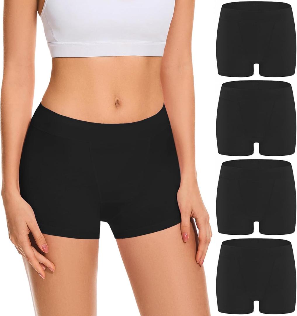 Migbean Boy Shorts Underwear for Women Cotton Panties Mid Waisted Boxer Briefs Breathable Underwear Multipack 4 Pack (Large, Black)