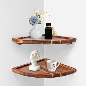 wyzqyam Floating Corner Shelve, 10 Inch Acacia Wood Corner Shelf Set of 2, Corner Shelf wall Mounted for Living Room, Bedroom, Bathroom, Office, Kitchen (Acacia Wood)