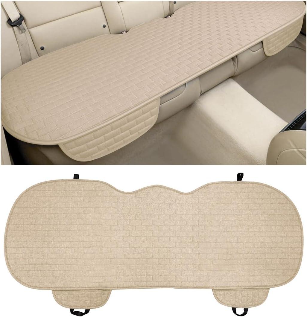 Linen Back Car Seat Cover, Anti-Slip Long Bottom Rear Seat Cover Protector with Storage Pockets, Breathable Linen Rear Bench Seat Protector Cushion Pad for Most Vehicles (Beige, Back)