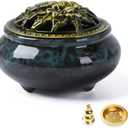 Ceramic Incense Burner with Incense Holder+Spacer Layer+Fireproof Cotton,Handmade Smudging Burn Bowl for Stick or Coil Incense,Sage Cones and Frankincense (Dark Blue)