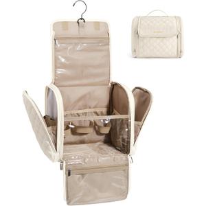 BAGSMART Travel Toiletry Bag, Large Capacity Cosmetic Bags for Women with Hanging Hook, Water-resistant for Toiletries Accessories Brushes Sponge, With Handle (Beige)