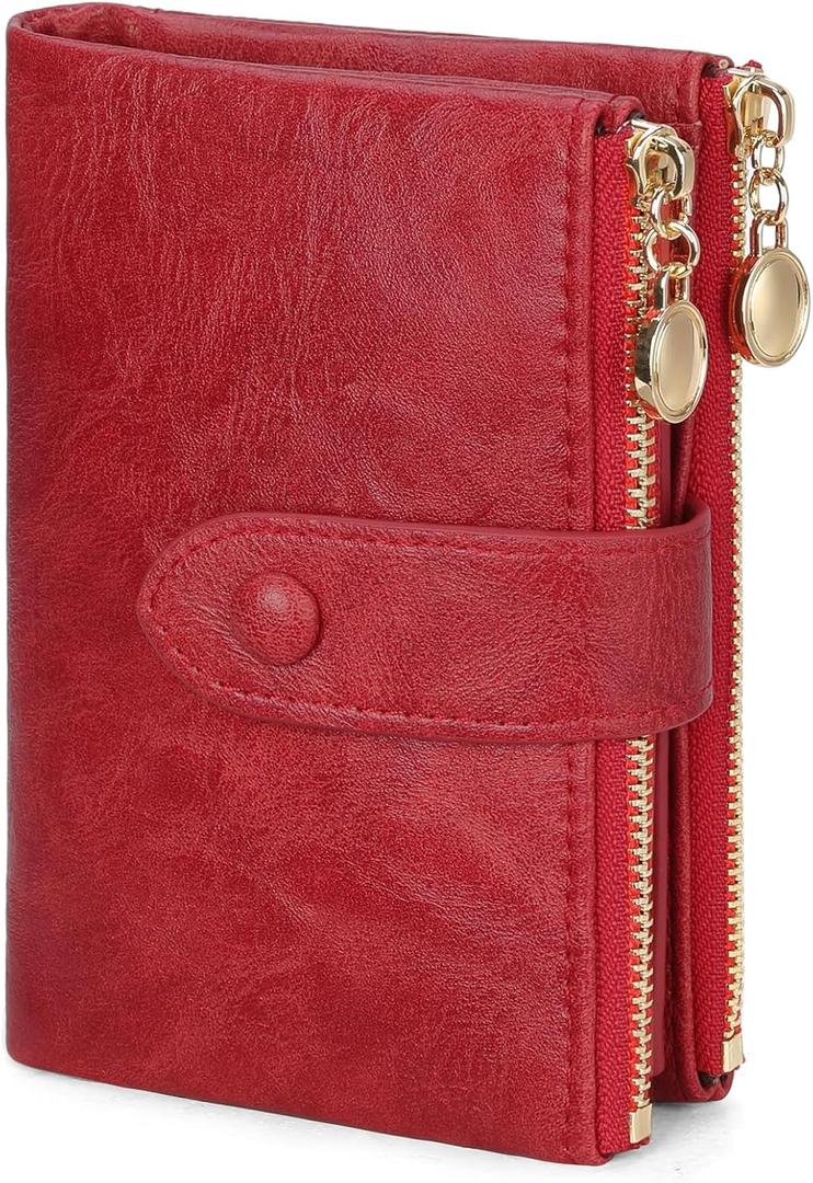 GAEKEAO Small Wallets for Women Leather RFID Blocking Bifold Double Zipper Pockets Wallet Card Case Purse with 2 ID Windows (Red)