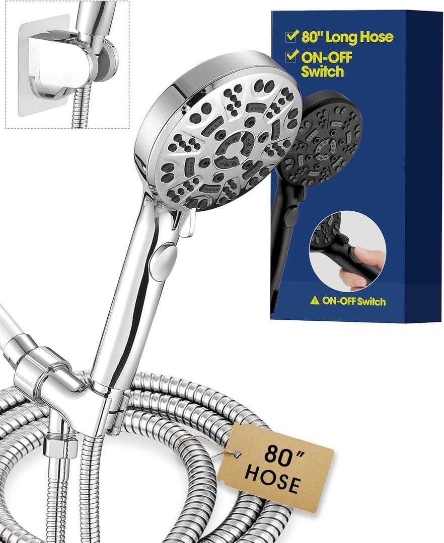 Handheld Shower Head with 6.56ft Extra Long Hose, On Off Switch 8-Seting High Preesure Hand Held Showerhead, Low-Reach Adhesive Holder for Kid, Disable& Elder (Chrome)