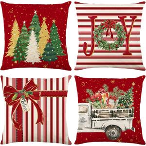 Red Christmas Throw Pillow Covers 18x18 Inch Set of 4, Winter Holiday Xmas Trees Joy Wreath Bow Vintage Truck Pillowcase Decorative for Sofa Couch Living Room
