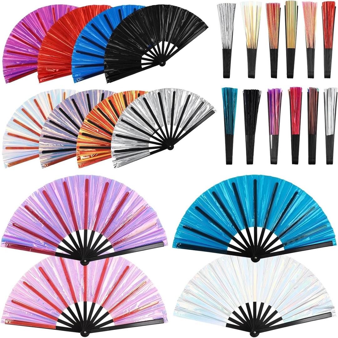 OMISTAR 12PCS Large Folding Fan, Iridescent Clack Rave Fans Bulk, PVC Foldable Fans for Craft Holding Laser Outfits Women Men Outfit Club Line Dancing