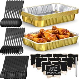 10 Pack Disposable Chafing Dish Buffet Set, Include Dish Serving Trays, Utensils, Mini Chalk Board Labels with Easel Stand and Replacement Stickers for Events, Parties, Catering