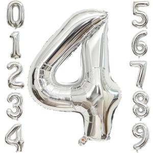4 Number Balloons Silver 4 Balloons Number 40 Inch Number 4 Foil Mylar Balloons for 4 Birthday Anniversary Events Party