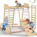Upgraded Indoor Playground 9-in-1 Jungle Gym Kids Climbing Toys, Montessori Philosophy Waldorf Style Wooden Climber Playset with Slide, Swing, Monkey Bars, Upright/Rope Ladder, Climb Net, Rainbow
