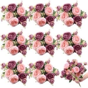 Yuxung 8 Bundles Artificial Peonies Flowers Boho Faux Flowers Arrangements Artificial Centerpiece Spring Bouquet Floral Wedding Decoration for Vase(Pink, Dark Pink)