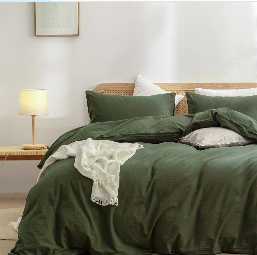 BESTOUCH Duvet Cover Set Queen Size 100% Washed Cotton Linen Feel Comfortable Soft Lightweight 3 Pcs Olive Green