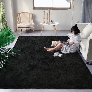 DweIke Fluffy Black Rugs for Bedroom Living Room, 8x10 Large Soft Plush Shaggy Dark Girls Boys Kids Rug, Non-Slip and Machine Washable Carpet for Dorm Nursery Classroom Decor