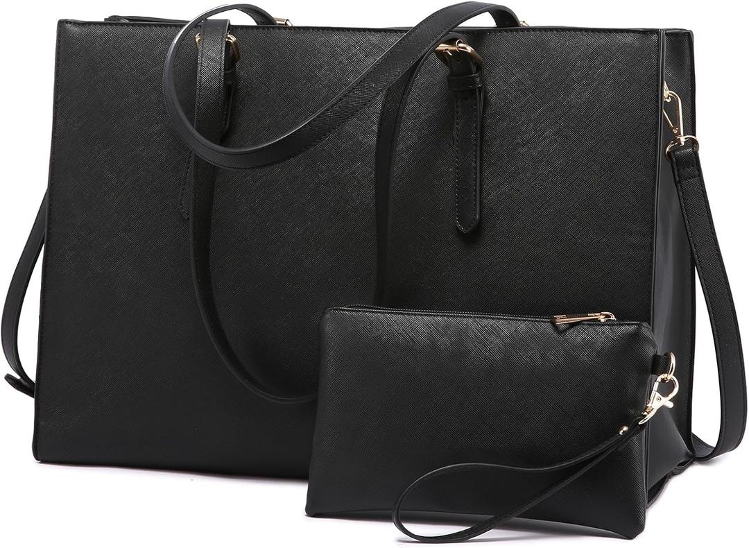 LOVEVOOK 17.3-inch Laptop Bag for Women, Large Capacity Travel Tote Bag with Clutch Purse 2PCs Set, Professional Business Computer Work Bag, Leather Shoulder Briefcase for Office Lady, Black (17 Inch, 1 Black)