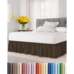 Wrap Around Dust Ruffle Bed Skirt - Brown - for Queen Size Beds with 18 Inch Drop - Easy Fit Elastic Strap - Adjustable Pleated Bedskirt w/Brushed Fabric - Wrinkle Free - for Women, Men, Kids & Teens