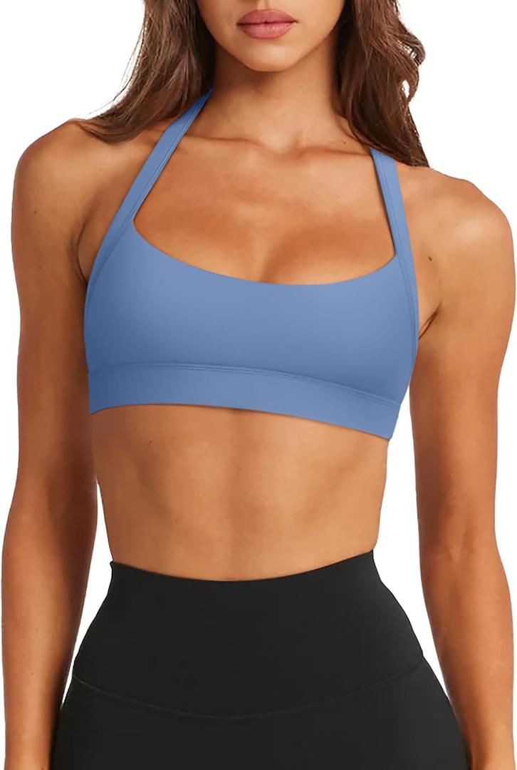LASLULU Womens Halter Sports Bras Scoop Neck Workout Tops Padded Backless (Blue, L)
