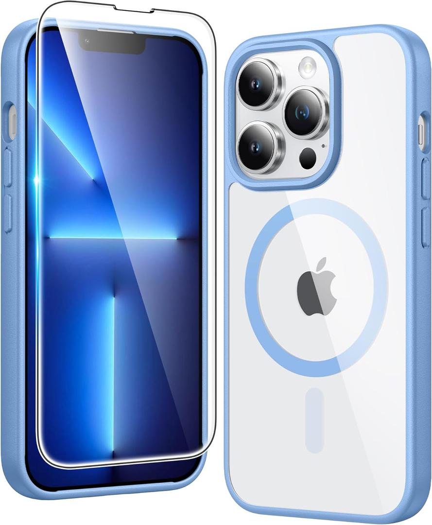 FNTCASE for iPhone 13 Pro Case: Clear Magnetic Phone Cases with Screen Protector Compatible with Magsafe Slim Anti Yellowing Rugged Protective Transparent Cell Phone Cover (B-Sierra Blue)