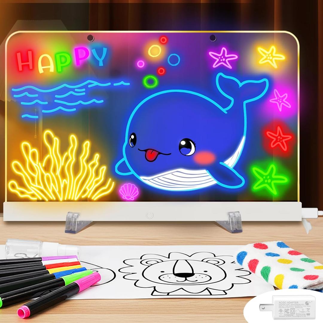 Upgrade LED Drawing Board, Washable Light Up Doodle Board, Acrylic Dry Erase Note Board, led Note Board with Colors, Tracing Pages, with Stand, Markers, Spray Bottle, for Kids Girls Boys Teens